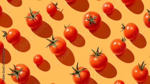 A vibrant composition of tomatoes scattered across a pastel orange background with dynamic arrangement