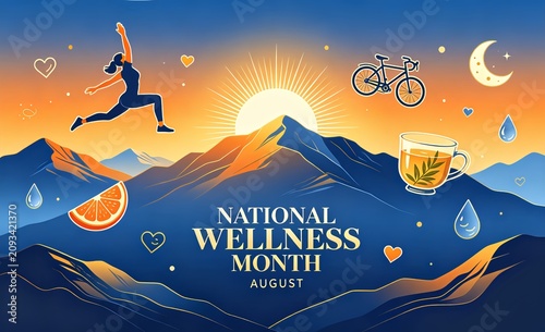 National Wellness Month August Banner with Mountain Sunrise and Healthy Lifestyle Icons