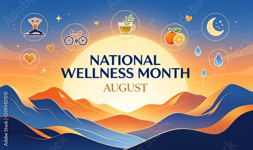 National Wellness Month August Banner with Healthy Lifestyle Icons and Mountain Sunrise Landscape