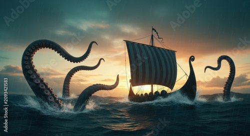 Ancient viking longship sailing across stormy dark ocean waves while massive kraken monster rising from sea depths at dramatic sunset horizon.