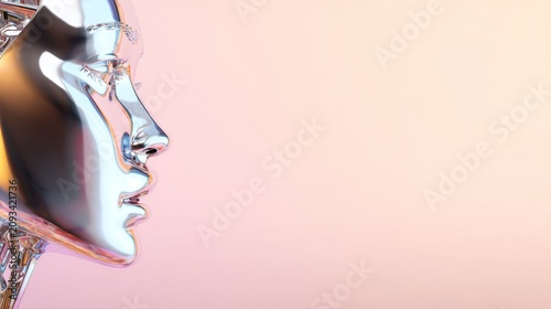 Sleek metallic humanoid sculpture against soft pink background representing future technology and human form