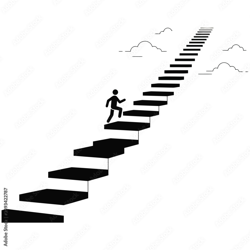 Obraz premium Silhouette of a person climbing a staircase leading up into the clouds