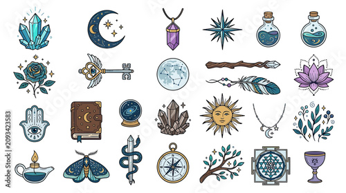 Fotografie Mystical Esoteric Symbols: Crystals, Moon, Sun, Magic Objects, Occult Icons
