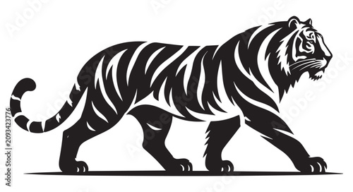 Canvas Print Stunning tiger vector illustration, majestic wild cat walking in profile, black