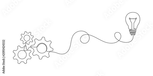 Canvastavla Continuous one line drawing of gears and electric light bulb