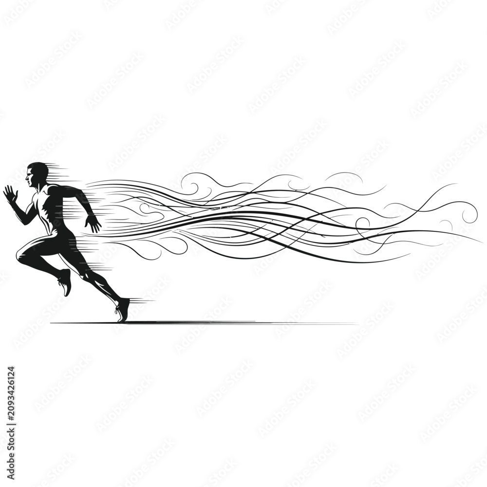 Fototapeta premium Silhouette of a man running with abstract motion lines representing speed