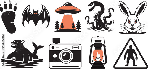 Photos Cryptid urban legend vector collection with paranormal mystery icons including m