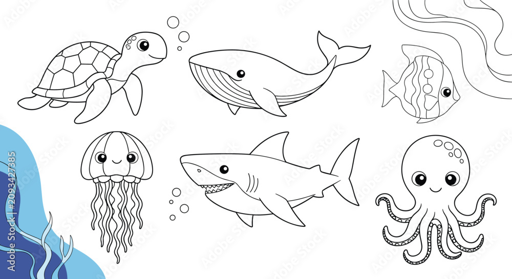 Fototapeta premium Set of marine animals including a shark, turtle, whale, and octopus in a black and white line art coloring page layout.