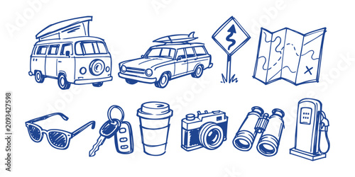 road trip collection and hand drawn travel camper van car map camera sunglasses binocular doodle icon set vector illustration