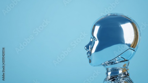 Sleek humanoid robot sculpture with a shiny metallic surface set against a calming blue backdrop