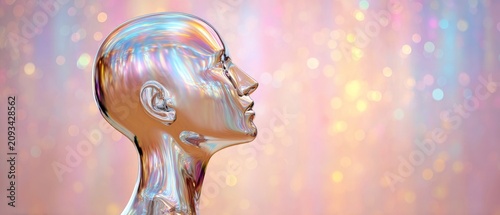 Sleek and modern humanoid sculpture shining brightly in a surreal and imaginative setting