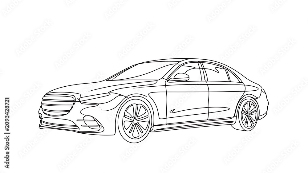 Fototapeta premium Luxury sedan line drawing white background.