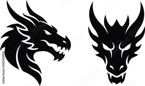 Two black dragon head silhouettes depicted from side and front views against a white background for versatile graphic design use.