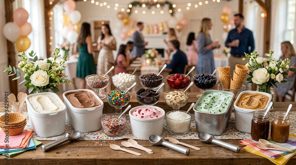 Fototapeta premium Ice Cream Bar Buffet with Assorted Toppings and People Celebrating at Indoor Party.