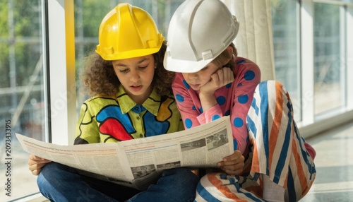 Two young girls wearing construction helmets read a newspaper together, sitting on the floor near large windows in a bright indoor space.