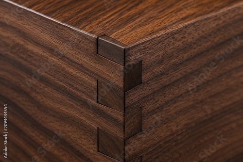 An extreme close-up of a precise dovetail joint connecting two pieces of dark walnut wood.