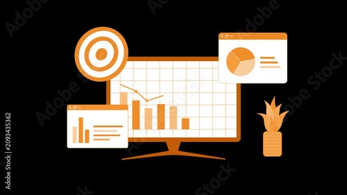 Desktop analytics dashboard with target animated, Flat animation of a desktop monitor showing bar and line charts with floating chart windows