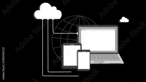 Flat-style animated of cloud computing and devices, smartphone with globe and clouds animation