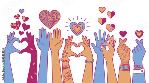 Illustration vectorielle de mains diverses levées formant des cœurs avec des symboles d'amour colorés flottant au-dessus, représentant l'unité, la diversité et la solidarité humaine.