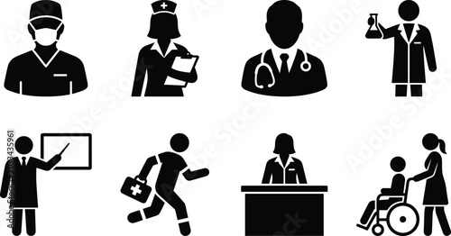 Schilderij op canvas Medical staff and healthcare hospital workers vector icons set with doctor nurse