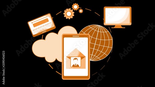 Cloud computing devices and global network animation, Flat-style animated of cloud computing and mobile devices