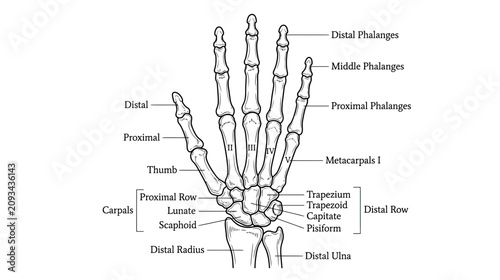 Bild auf Leinwand Anatomical Illustration of Human Hand Skeleton with Labels