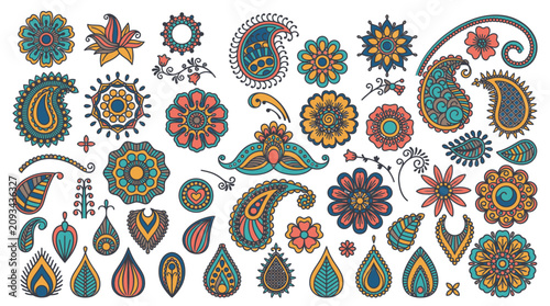 Eine Sammlung von handgezeichneten Paisley-Mustern, floralen Ornamenten und dekorativen Mandalas im ethnischen Stil auf weißem Hintergrund für kreative Designprojekte.
