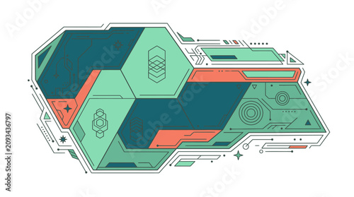 Abstraktes futuristisches Designelement mit geometrischen Formen, technischen Linien und digitalen Mustern in einer modernen Farbpalette aus Blaugrün, Mint und Koralle auf weißem Hintergrund.
