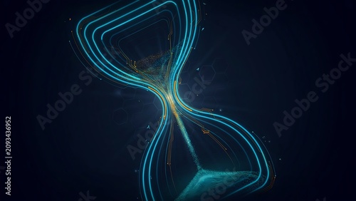 Abstract digital hourglass with glowing blue light particles representing passing time in a futuristic technological data environment