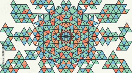 Ein komplexes, geometrisches Mandala-Design aus bunten Dreiecken in Pastellfarben auf einem hellen Hintergrund, das ein symmetrisches und abstraktes Muster bildet.