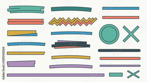 Eine Sammlung von handgezeichneten Markierungen, Unterstreichungen, geometrischen Formen und dekorativen Linien in verschiedenen bunten Farben auf einem hellen Hintergrund.