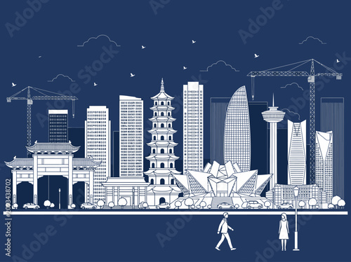 Schilderij op canvas Modern and Traditional Asian City Skyline Line Art Vector Illustration on Blue