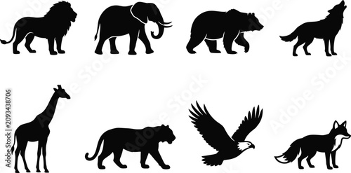 Canvas Print Wild animals and safari wildlife black silhouette icon set featuring lion elepha