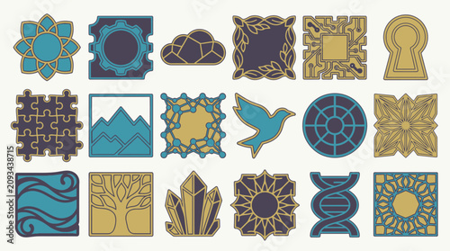 Eine Sammlung von dekorativen quadratischen Symbolen und abstrakten Icons in Blau- und Goldtönen, die verschiedene Konzepte wie Natur, Technologie, Wissenschaft und Kunst darstellen.