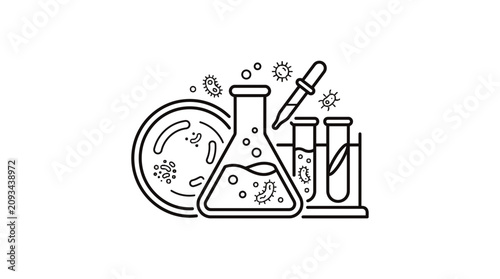 Schilderij op canvas Microbiology Lab Equipment with Bacteria and Virus Icons - Science Research Vect
