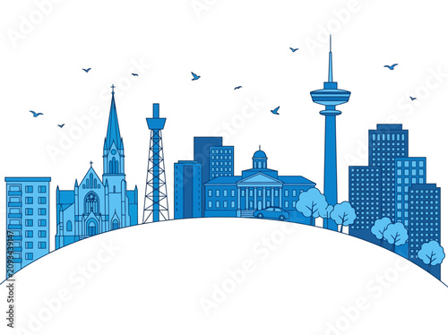 Canvastavla Modern Blue Cityscape Vector Illustration with Skyscrapers, Cathedral, and TV To