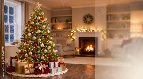 Árbol de Navidad decorado con luces cálidas y regalos en una escena elegante con espacio para texto, ideal para campañas navideñas.