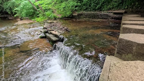 A slow-motion push-in shot moves towards stepping stones over a woodland waterfall, revealing the flowing stream, moss-covered rocks, and tranquil forest scenery in a peaceful natural setting.