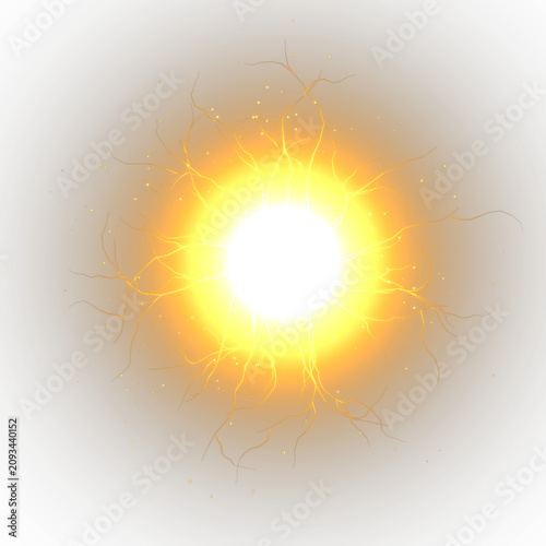 Fotografie Bright yellow sun with orange lightning rays and sparks on gradient gray backgro