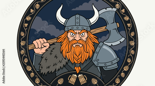 Fotografía Cartoon Viking Warrior with Axe and Beer Hops Circle Logo Illustration