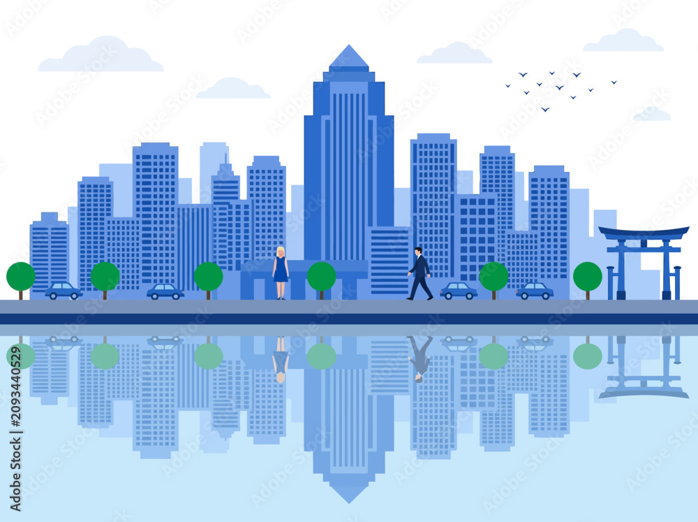 Fototapeta premium Modern Blue City Skyline Vector Illustration with Skyscraper Reflection