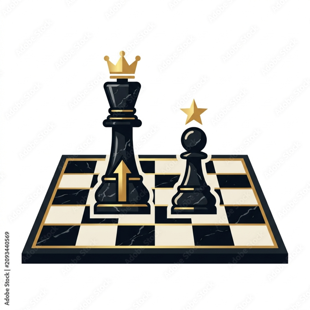 Fototapeta premium Chess King and Pawn on Board with Golden Crown and Star.