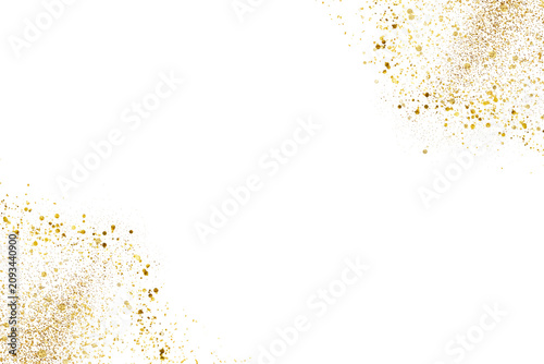 Golden glitter particles are scattered in the corners of a white background, creating an elegant, festive appearance.