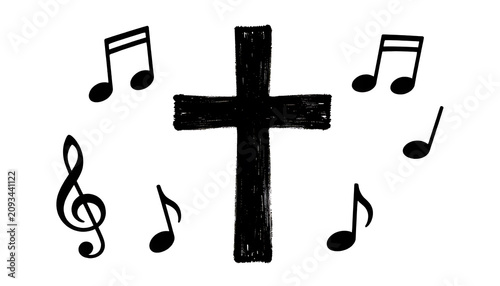 Black hand drawn Christian cross with music notes on white