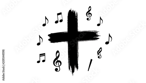 Religious worship music concept with black cross and notes