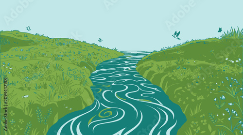 Ilustración vectorial de un paisaje natural sereno con un río serpenteante que fluye a través de colinas verdes cubiertas de hierba, flores silvestres y pájaros volando en el cielo despejado.