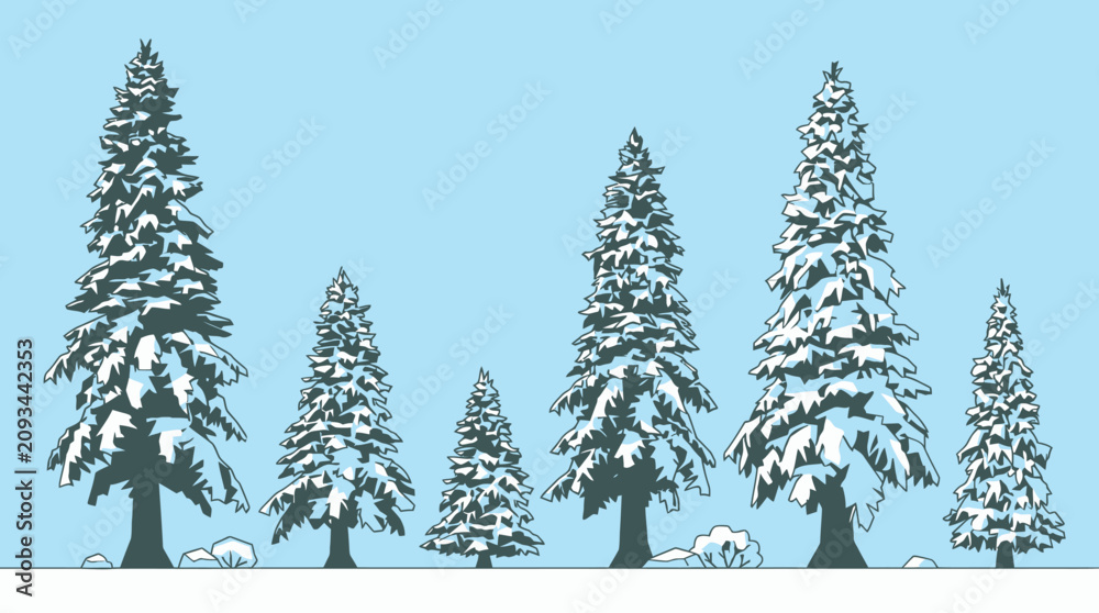 Obraz premium Eine Reihe von stilisierten Tannenbäumen mit Schnee auf den Zweigen vor einem hellblauen Hintergrund, ideal für winterliche Grafikdesigns und festliche Dekorationen.