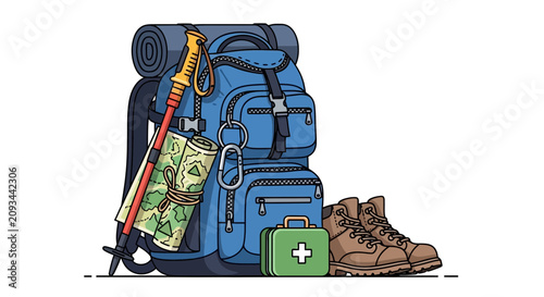 Foto Backpack is packed with a rolled sleeping mat, hiking map, medical kit, and sturdy leather boots