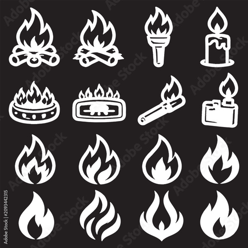 Fire Flame Logo Icon Set White Hot Bonfire Candle Torch Lighter Matchstick Collection Blazing Spark Energy Power Symbol Flammable Safety Warning Label Vector Illustration Isolated on Black Background