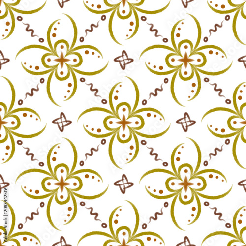 Retro Floral Seamless Pattern with Stylized Green Flowers and Decorative Botanical Ornament